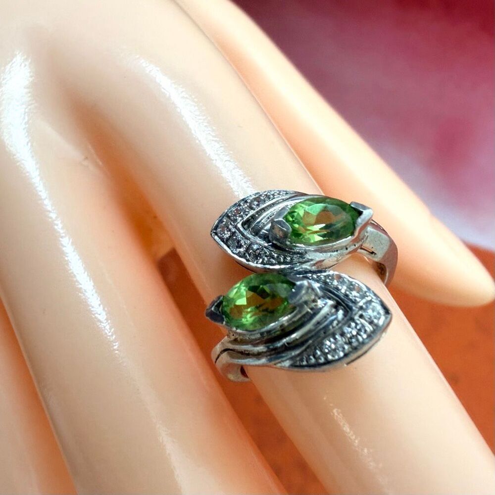925 Sterling Silver Green Peridot Style Two Stone Bypass Ring